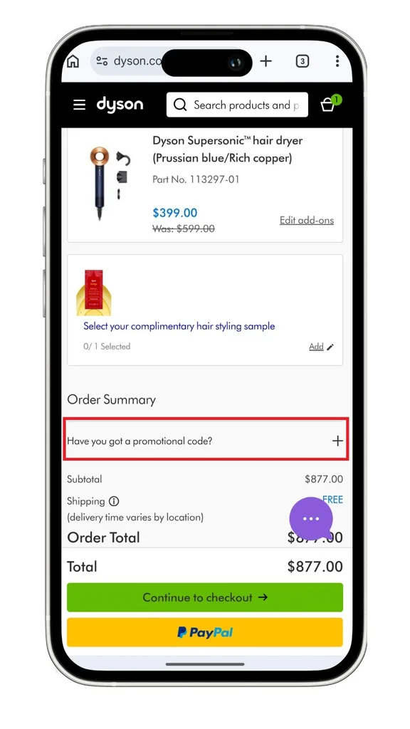 The Dyson discount code field at the checkout on mobile, before being expanded.