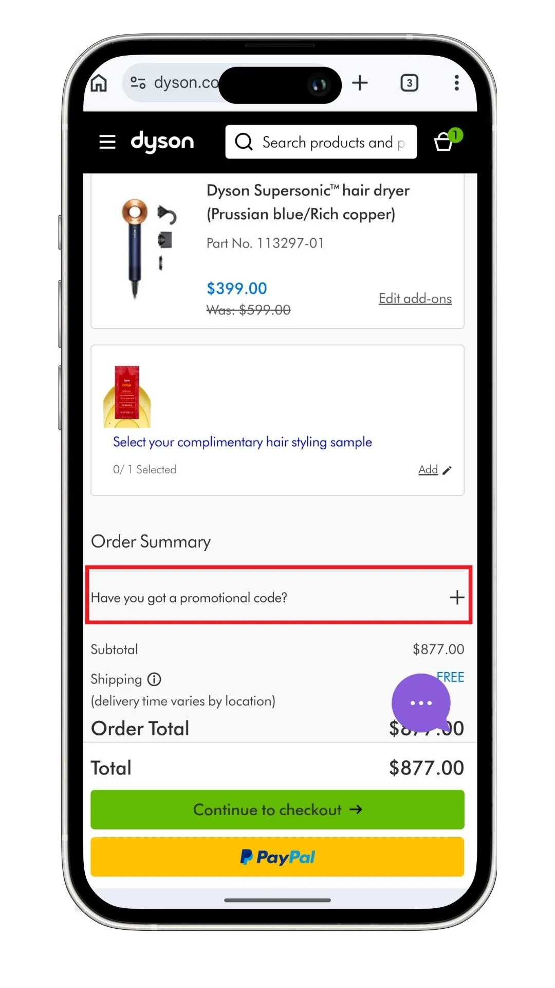 The Dyson discount code field at the checkout on mobile, before being expanded.