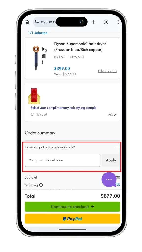 The highlighted Dyson discount code field in the order summary on a mobile device.