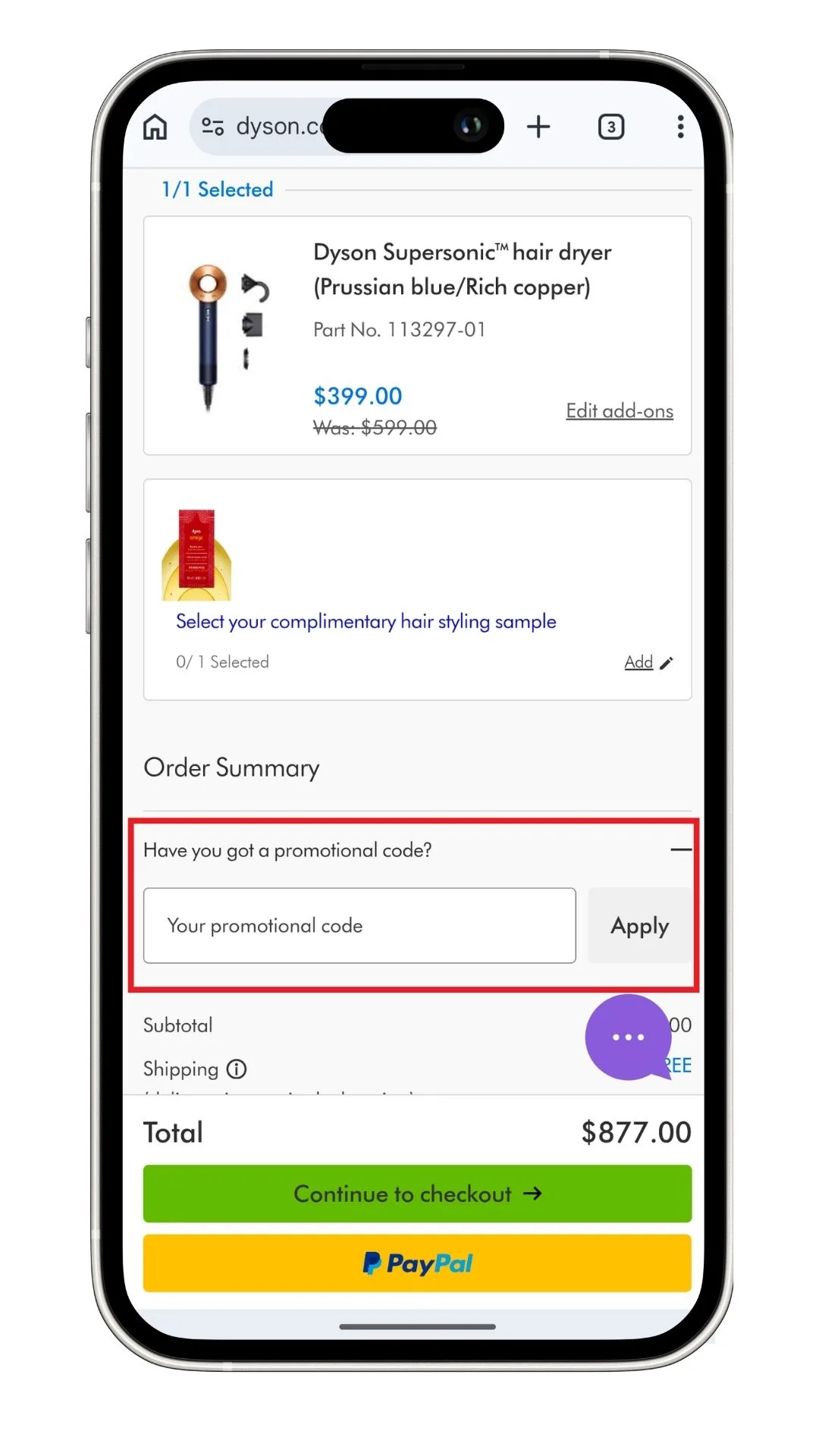 The highlighted Dyson discount code field in the order summary on a mobile device.