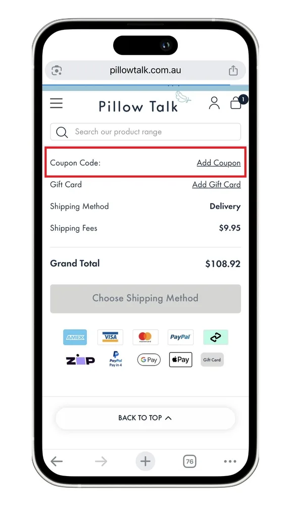 A Pillow Talk discount code can be added by clicking to expand the code field on mobile, as highlighted in this screenshot.