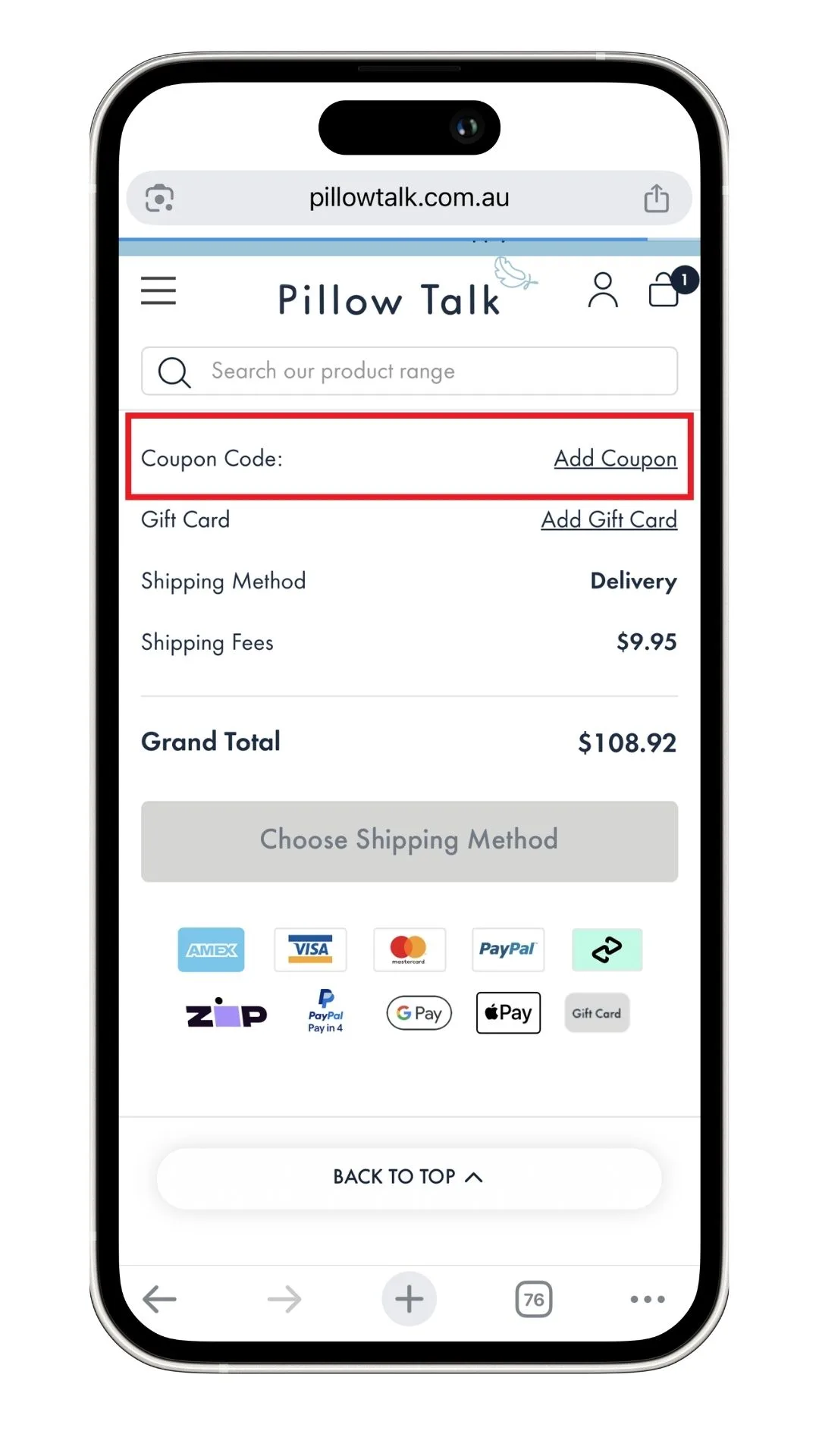 A Pillow Talk discount code can be added by clicking to expand the code field on mobile, as highlighted in this screenshot.