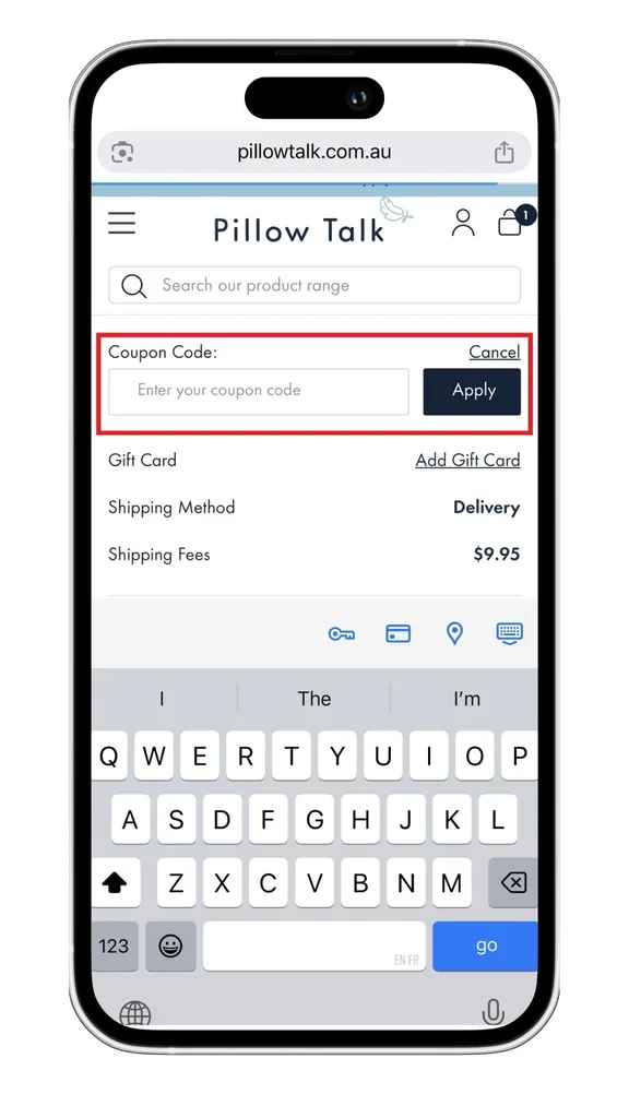 The Pillow Talk discount code field, expanded on mobile in this screenshot.