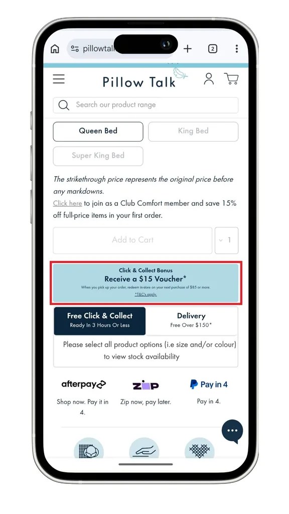 Pillow Talk promo code guide: A screenshot showing a $15 discount code offer when choosing click and collect.