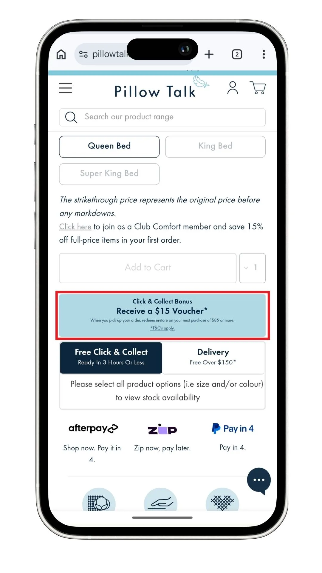 Pillow Talk promo code guide: A screenshot showing a $15 discount code offer when choosing click and collect.