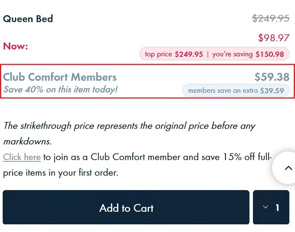 Saving beyond a Pillow Talk discount code can include member pricing and sales, with an example highlighted in this screenshot.
