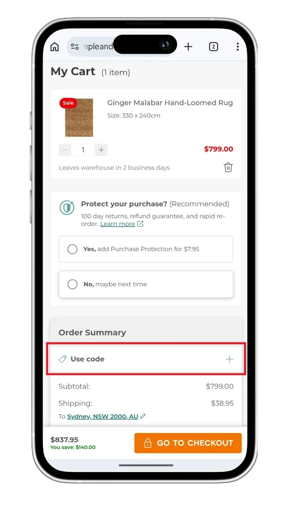 The Temple and Webster discount code field is in your cart summary, with this screenshot showing the 'Use code' text to click and expand.