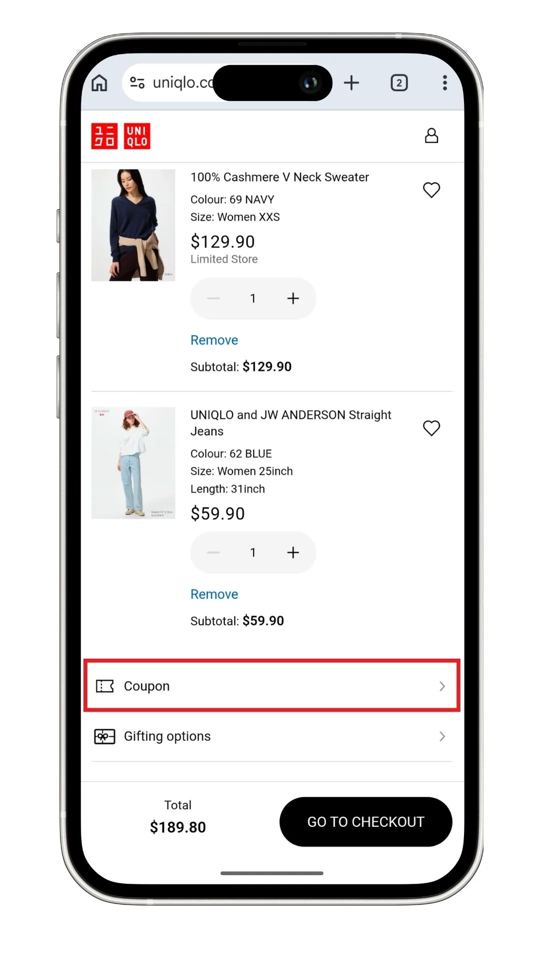 The Uniqlo coupon code section when checking out on a mobile can be accessed by clicking on 'Coupon' once you're logged in.