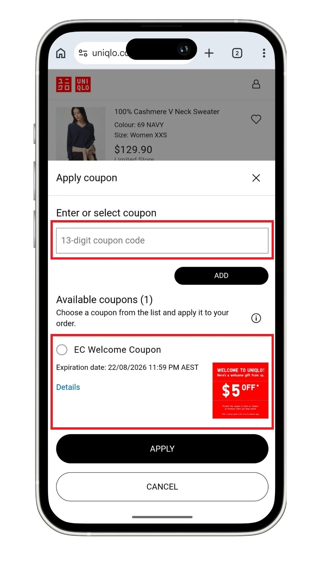 The Uniqlo coupon code field at checkout, where you can also choose from any coupons linked to your account.