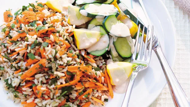 Brown rice with vegetables and tahini dressing