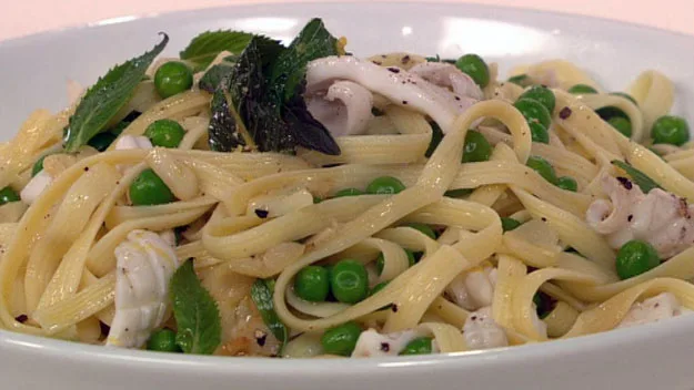 Calamari, pea and mint linguine