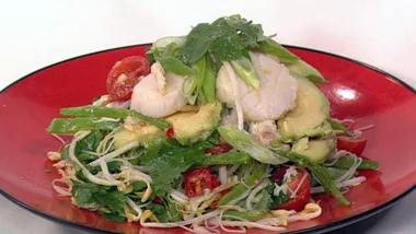 Warm noodle salad of avocado, scallop and crab