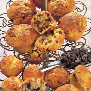 basic muffin recipe; muffins on a tiered metal stand