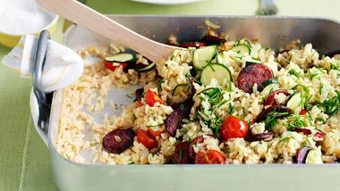 Baked risotto with chorizo and cherry tomatoes