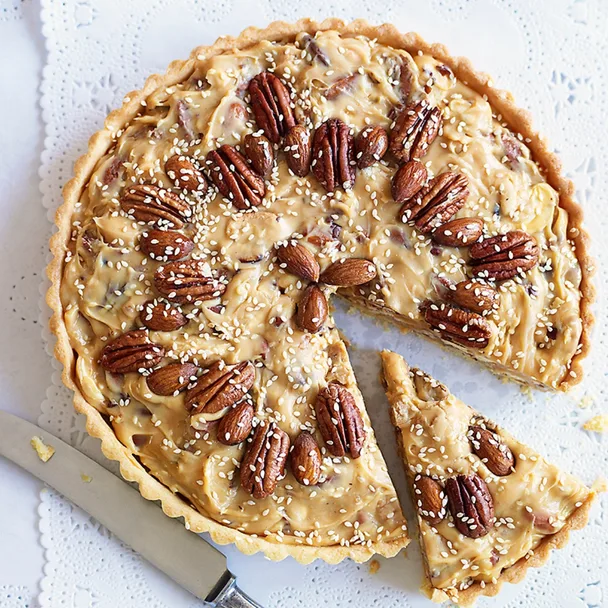 Julie Goodwin sweetened condensed milk tart topped with nuts