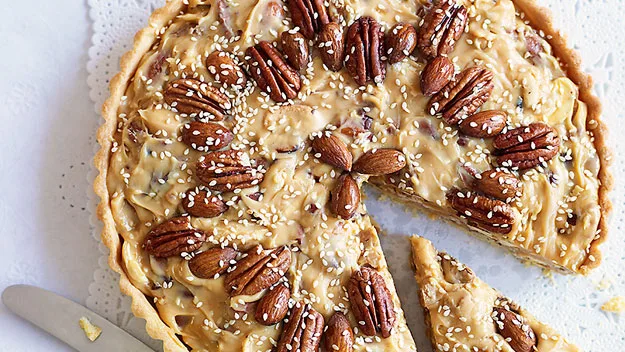 Festive caramel nut tart