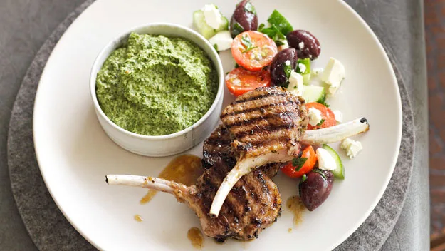 Lamb cutlets with spinach skordalia