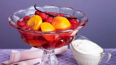 Vanilla-poached nectarines with raspberries