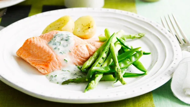 Poached salmon with parsley sauce