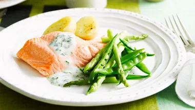 Poached salmon with parsley sauce