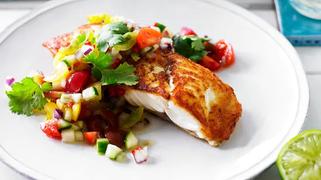 Pan-fried snapper with jewelled tomato chilli salsa