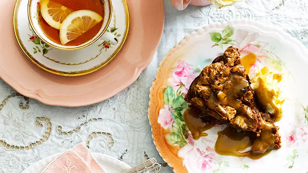 Chestnut pear cake with caramel sauce