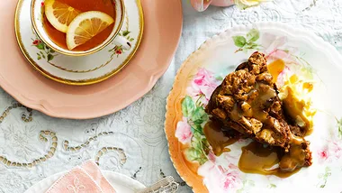 Chestnut pear cake with caramel sauce