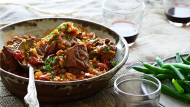 Slow-cooked beef with barley