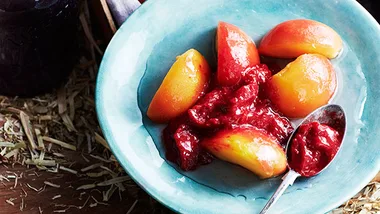 Poached peaches with quick raspberry sorbet