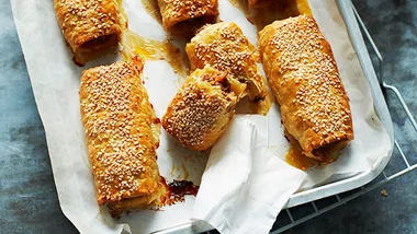 Italian style sausage rolls on a tray