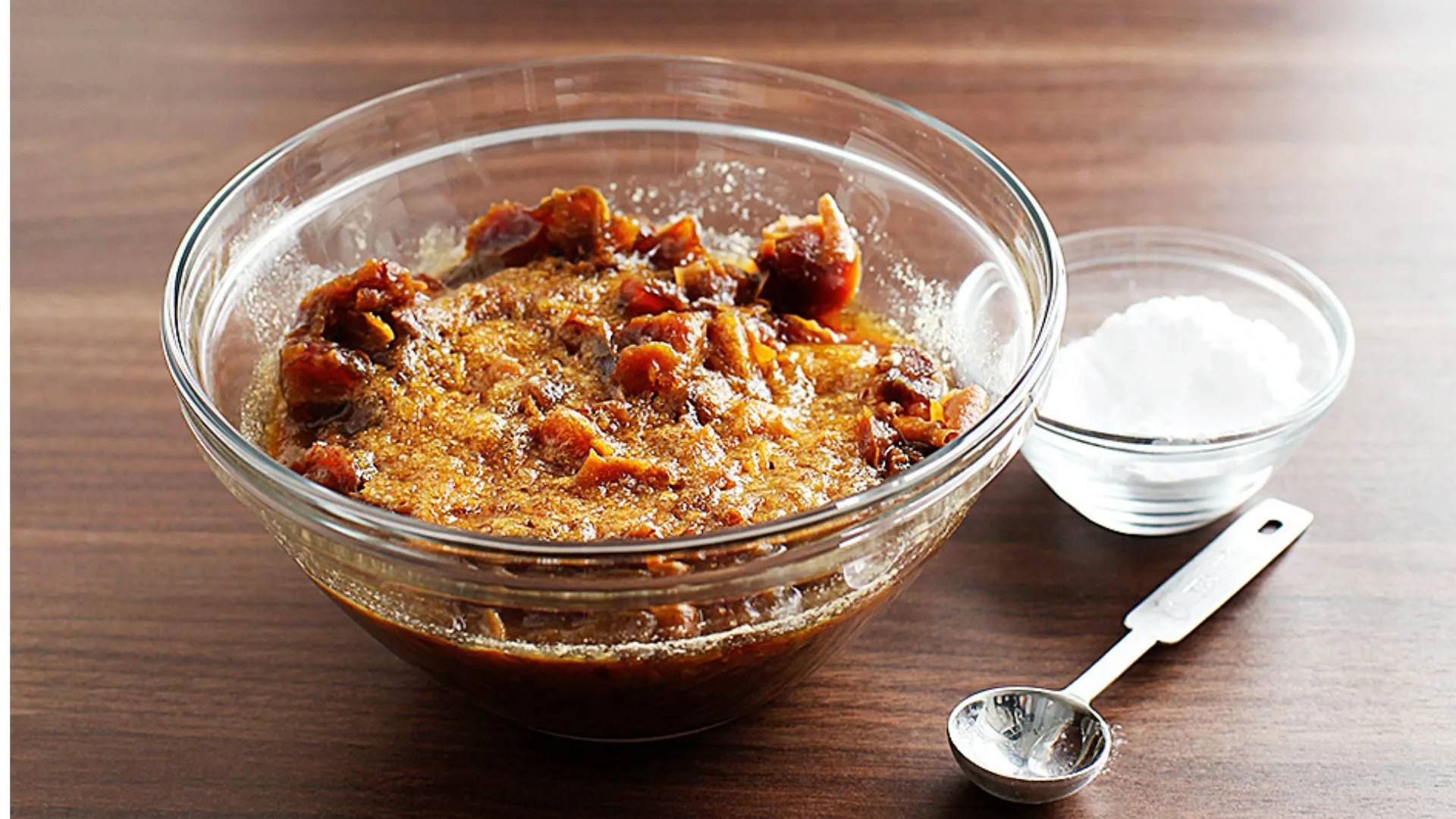 Soaking the dates with boiling water and bicarb soda