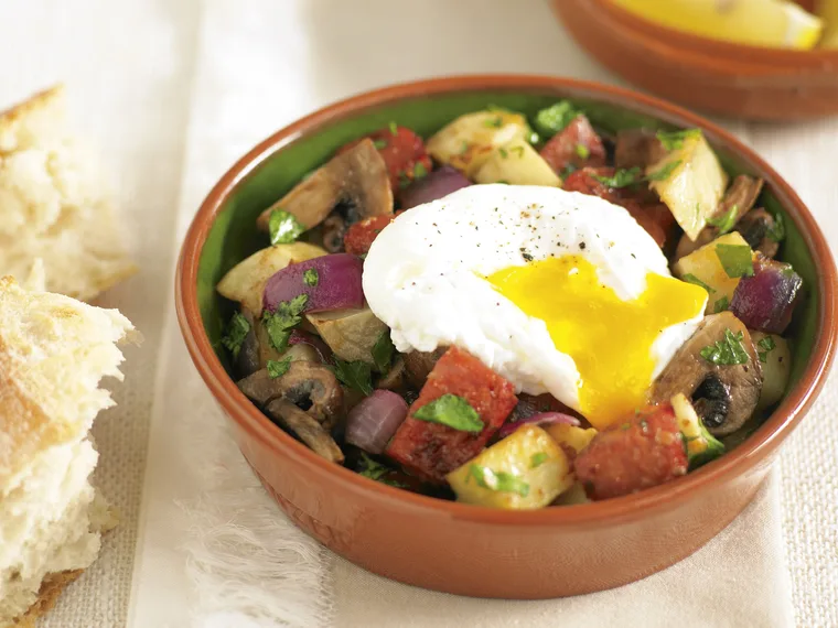 Chorizo Hash with Poached Eggs