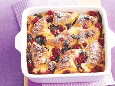 Chocolate and raspberry croissant pudding