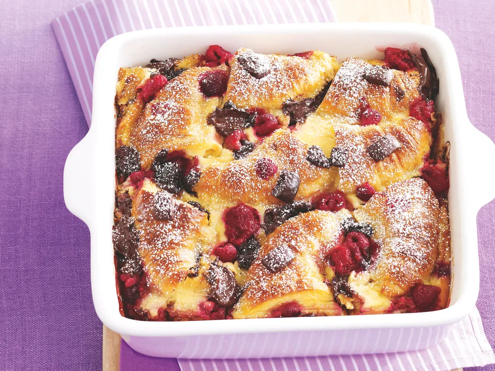 Chocolate and raspberry croissant pudding