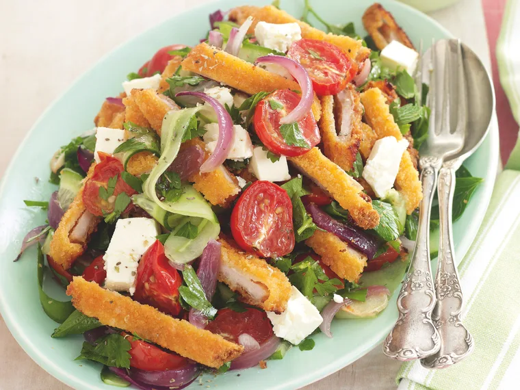 Greek-style chicken schnitzel salad