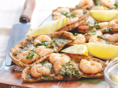 Garlic prawn pizzas