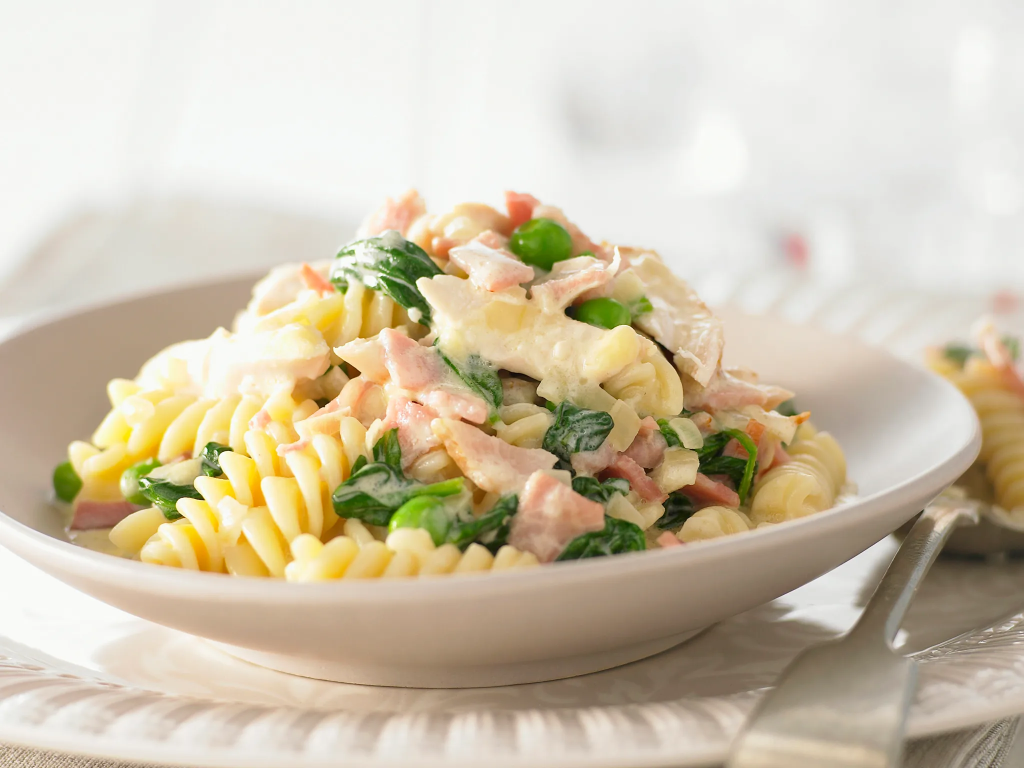 Creamy Chicken, Bacon, Pea and Spinach Pasta