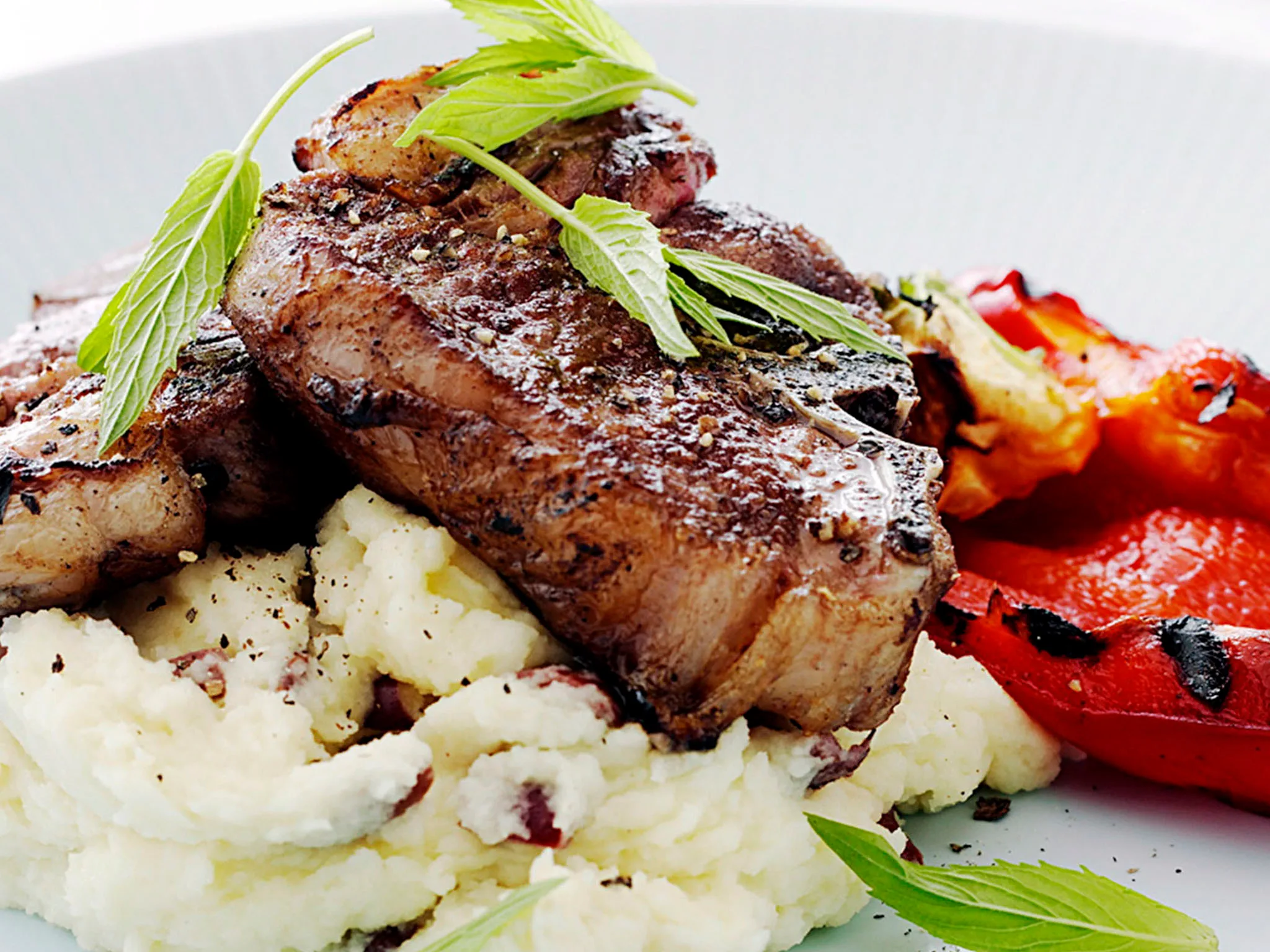 Grilled Lamb and capsicum with Olive Mash