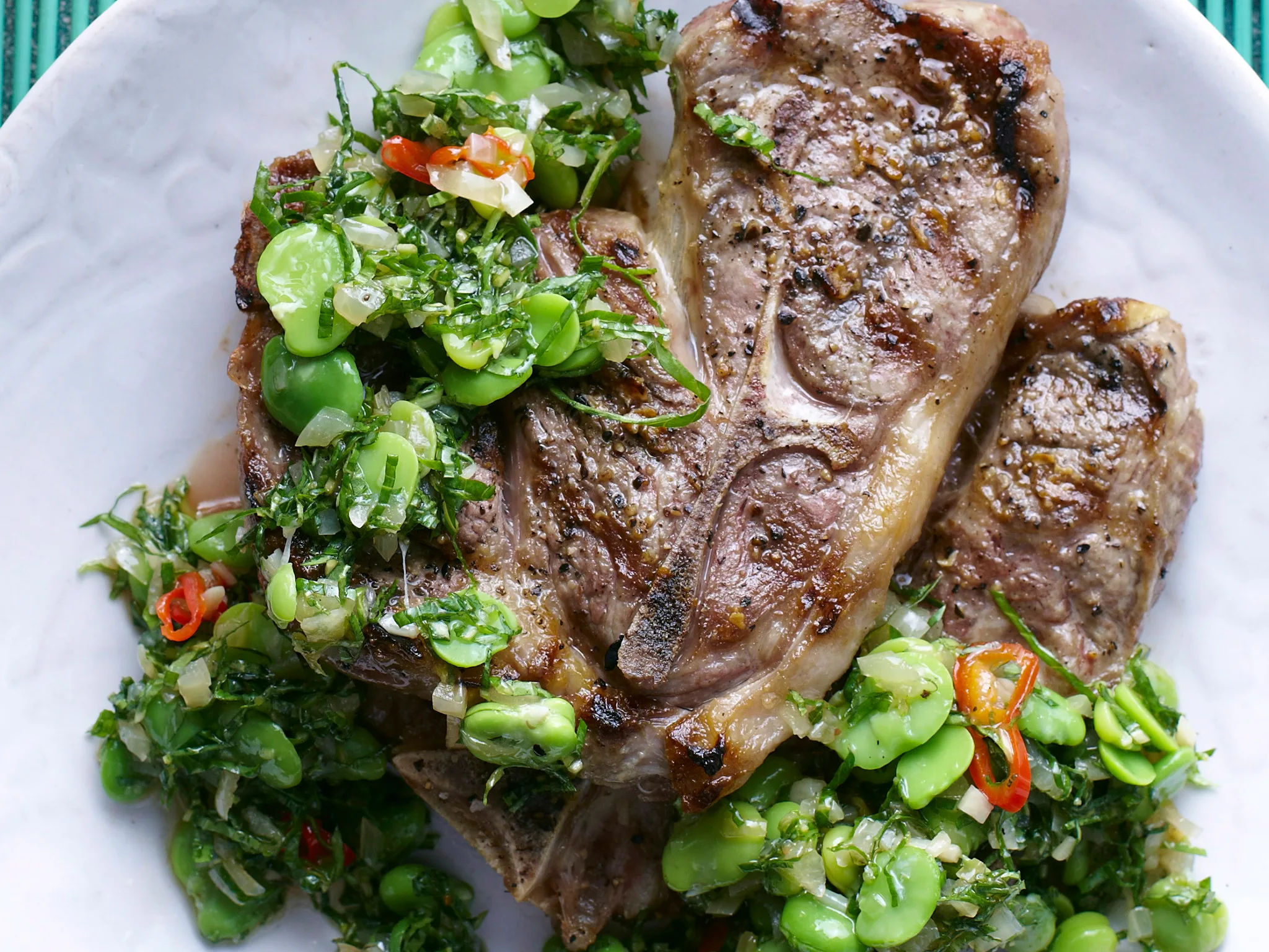 Grilled lamb chops with broad bean vinaigrette