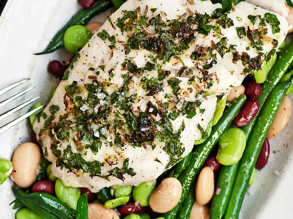 GRILLED LEMON and FENNEL SEED PERCH WITH FOUR BEAN SALAD