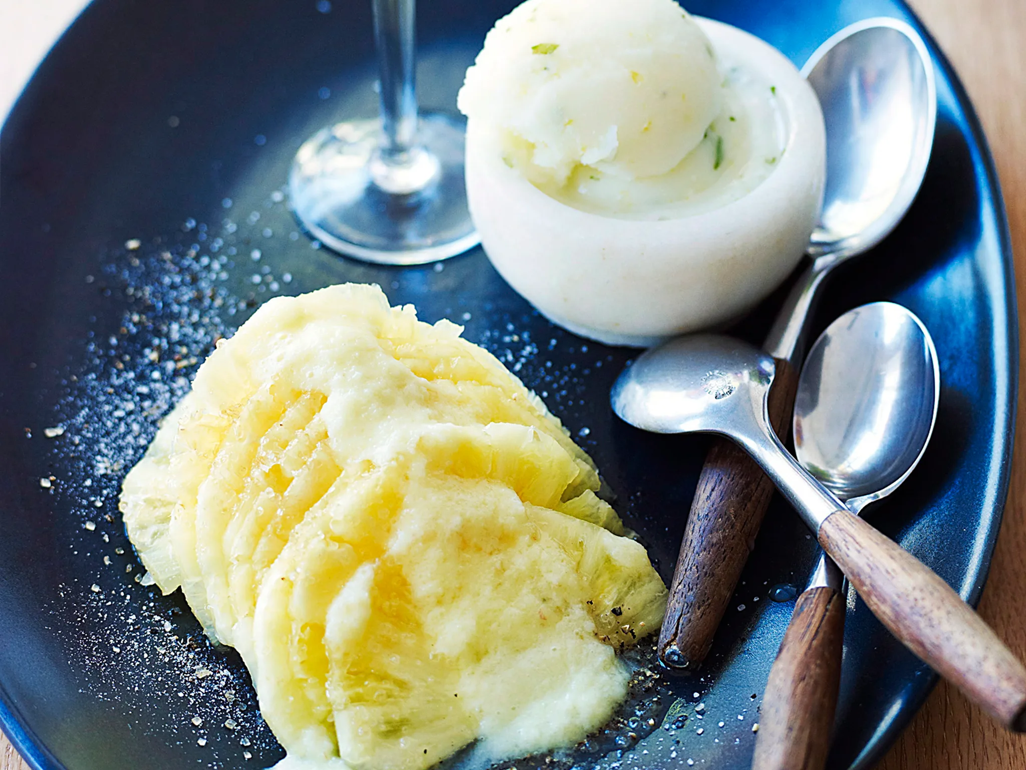 Pineapple carpaccio with lemon and mint sorbet