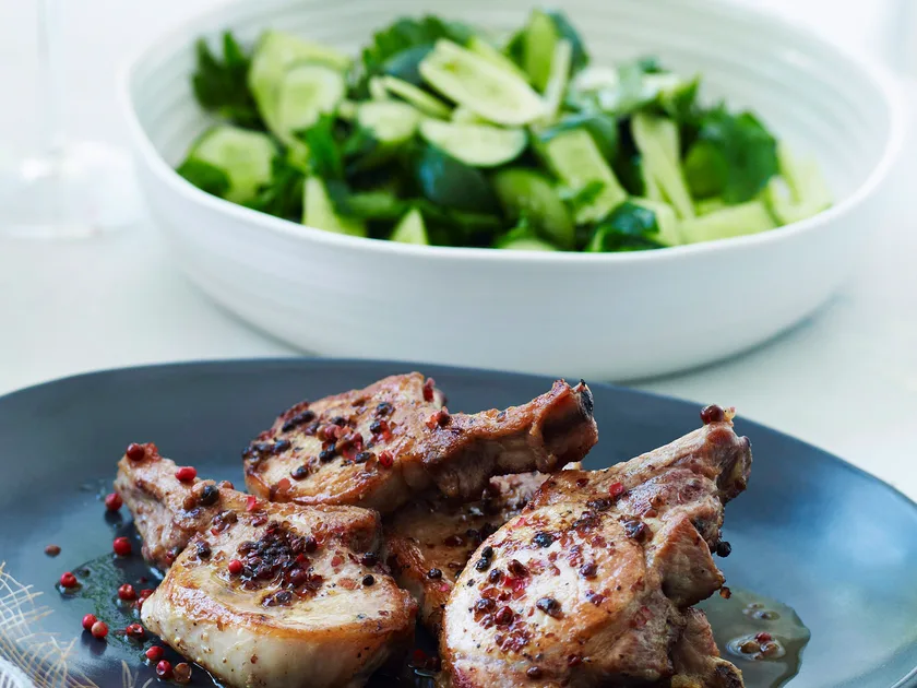 Pork Cutlets with Pink Peppercorns and Cucumber Salad