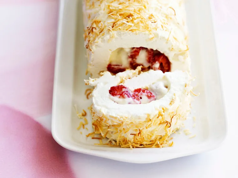 Coconut and raspberry roulade