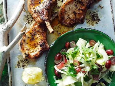 Fennel and grape salad with pork cutlets