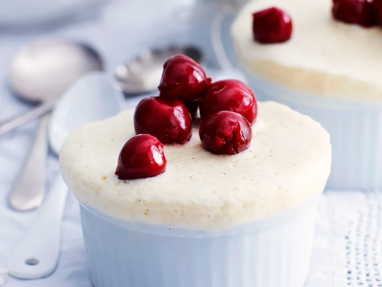 Frozen Vanilla Souffle with brandied cherries