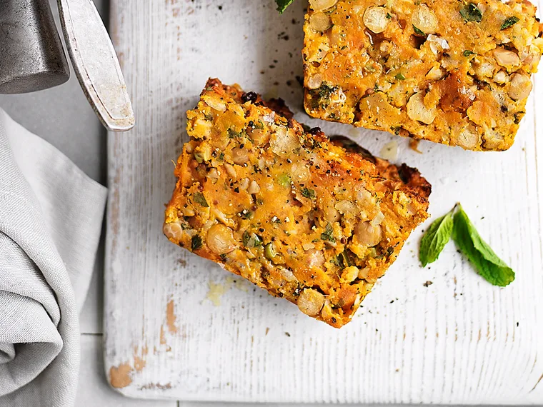 Kumara and chickpea loaf with mint raita