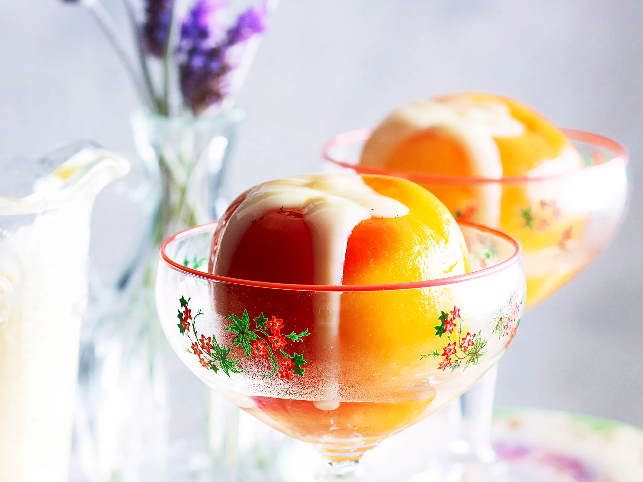 Lavender-scented custard with poached fruit