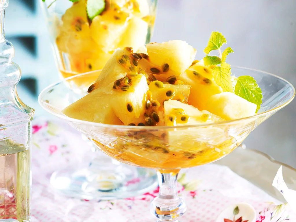 Lemon balm syrup with pineapple and passionfruit