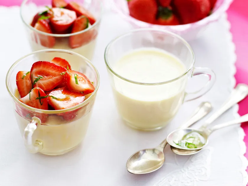 Panna Cotta with Strawberries and Lemon Basil Syrup