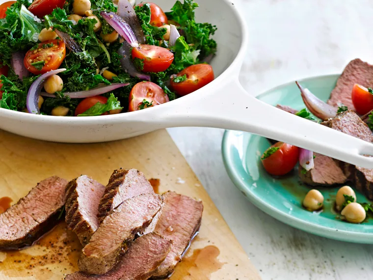 Peppered lamb with kale and chickpeas